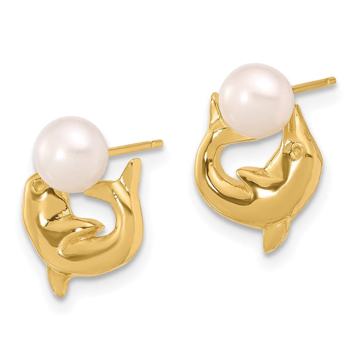 14K Yellow Gold 5-6mm White Button Freshwater Pearl Dolphin Earrings