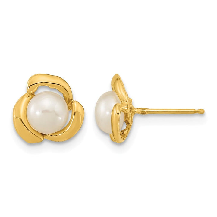 14K Yellow Gold 5-6mm White Button Freshwater Pearl Flower Earrings