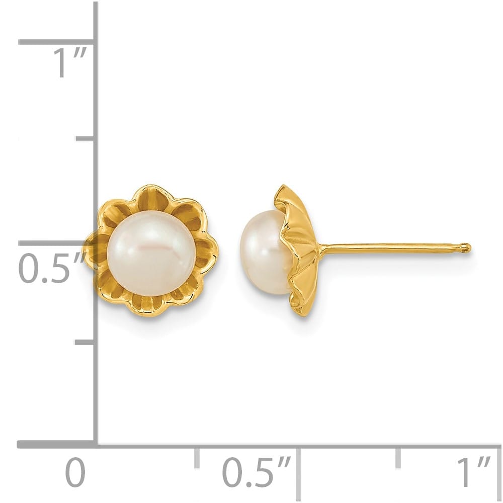 14K Yellow Gold 5-6mm White Button Freshwater Pearl Flower Earrings