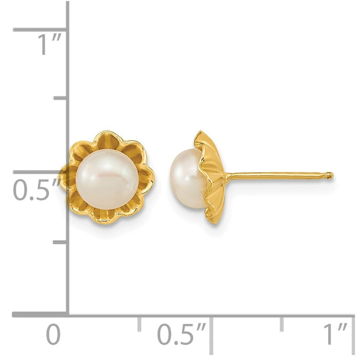 14K Yellow Gold 5-6mm White Button Freshwater Pearl Flower Earrings