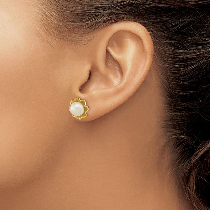14K Yellow Gold 5-6mm White Button Freshwater Pearl Flower Earrings