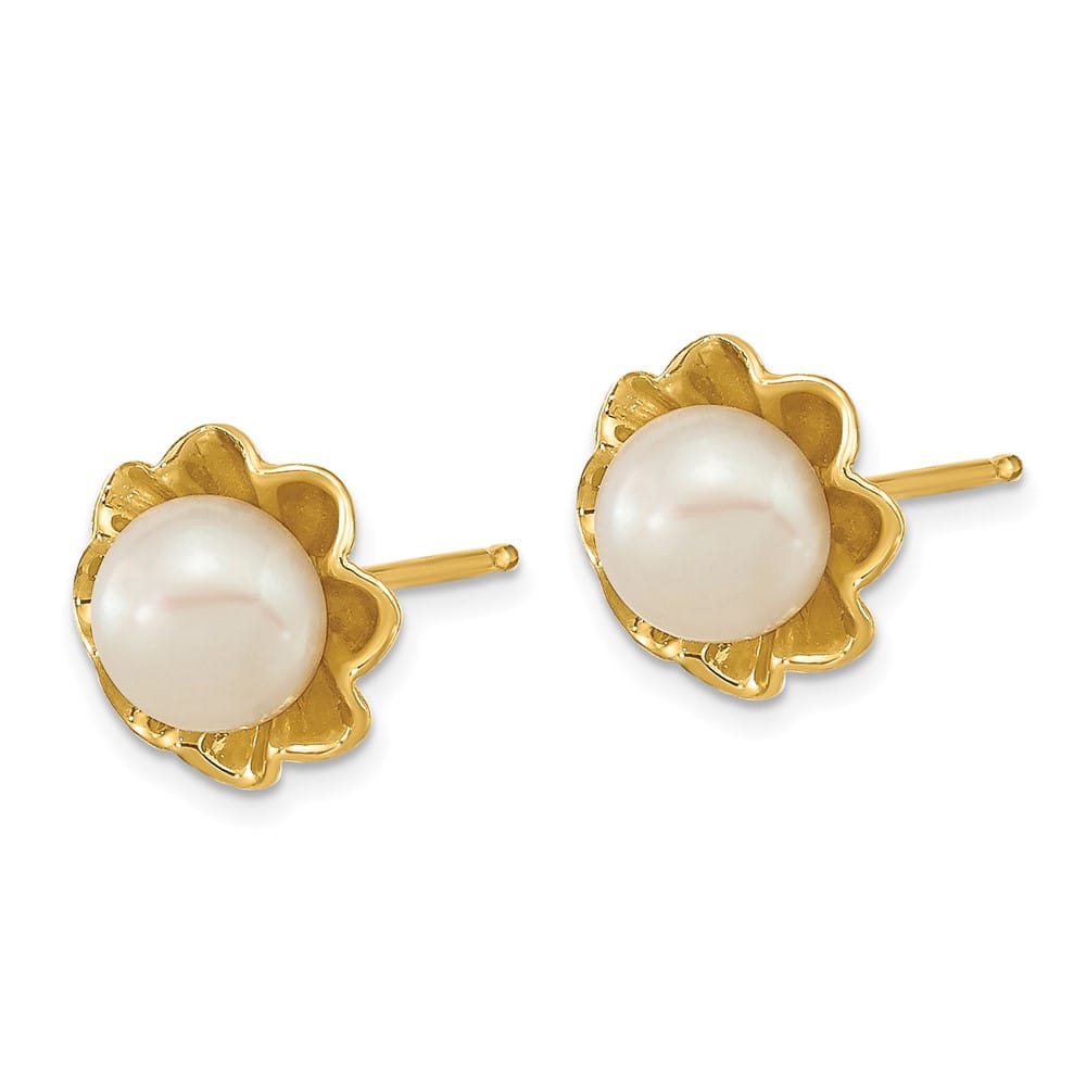 14K Yellow Gold 5-6mm White Button Freshwater Pearl Flower Earrings