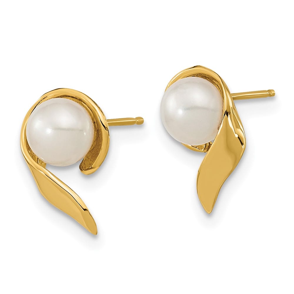 14K Yellow Gold 5-6mm White Button Freshwater Pearl Post Earrings