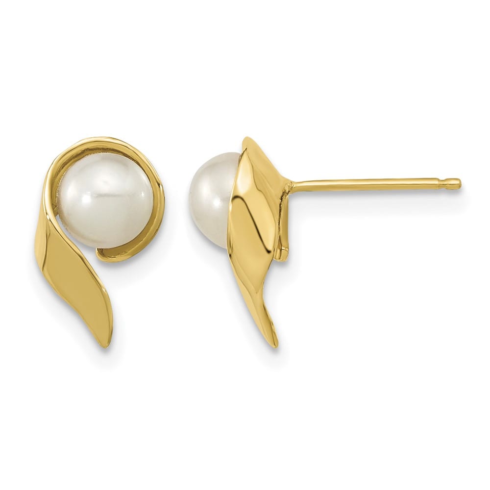 14K Yellow Gold 5-6mm White Button Freshwater Pearl Post Earrings