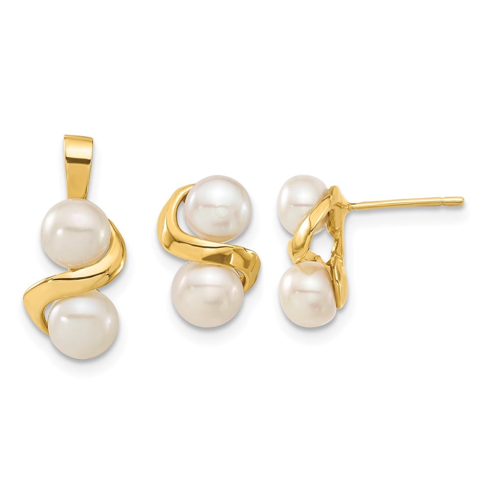 14K Yellow Gold 5-6mm White Freshwater Cultured Pearl Set (XF623SET)