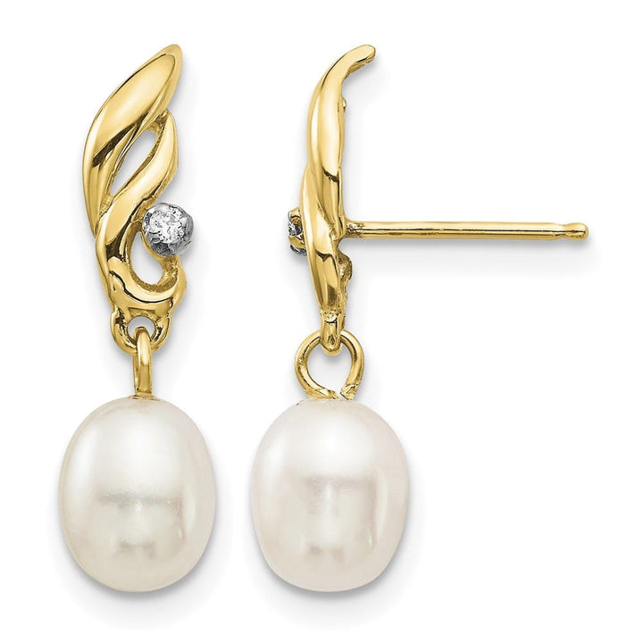 14K Yellow Gold 5-6mm White Rice Freshwater Pearl and .02 Earrings