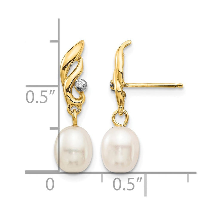 14K Yellow Gold 5-6mm White Rice Freshwater Pearl and .02 Earrings