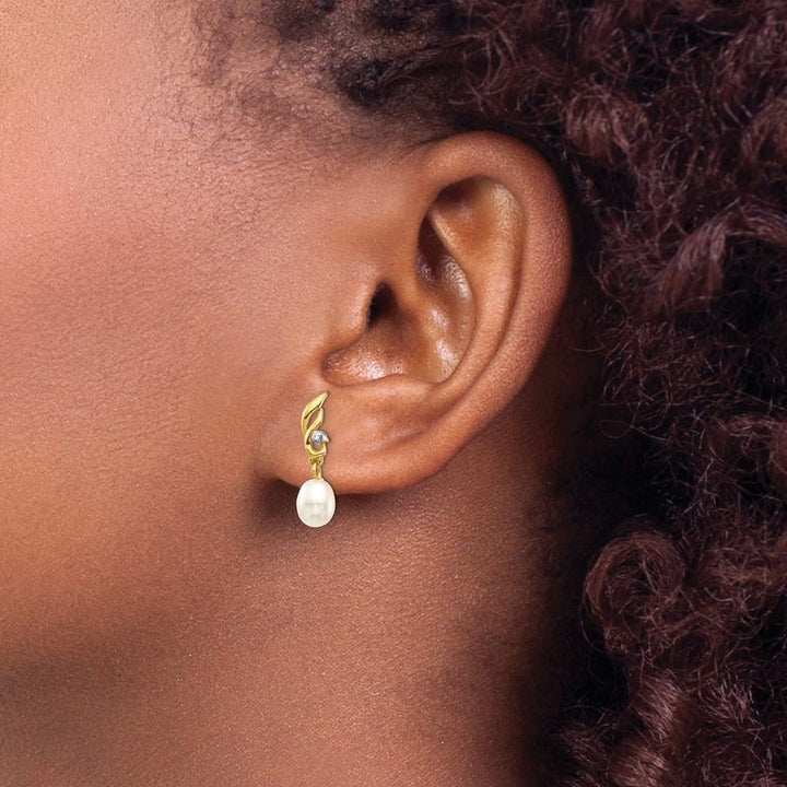 14K Yellow Gold 5-6mm White Rice Freshwater Pearl and .02 Earrings