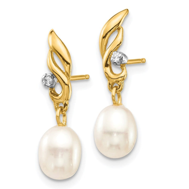 14K Yellow Gold 5-6mm White Rice Freshwater Pearl and .02 Earrings