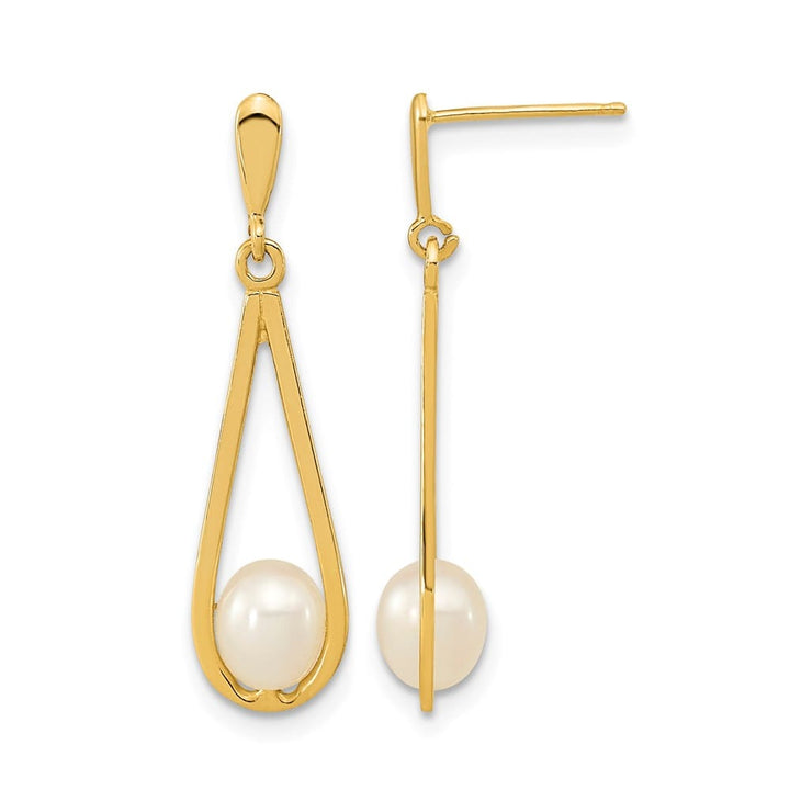 14K Yellow Gold 5-6mm White Rice Freshwater Pearl Post Dangle Earrings