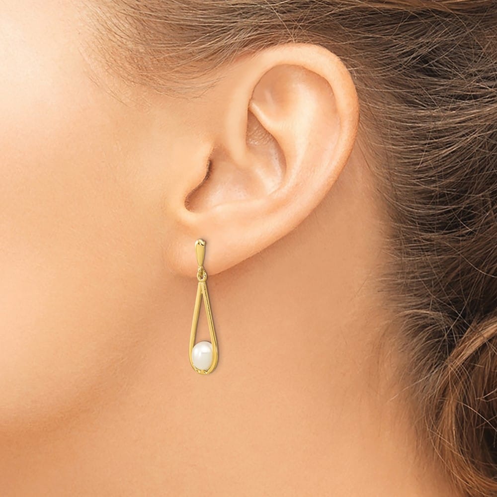 14K Yellow Gold 5-6mm White Rice Freshwater Pearl Post Dangle Earrings