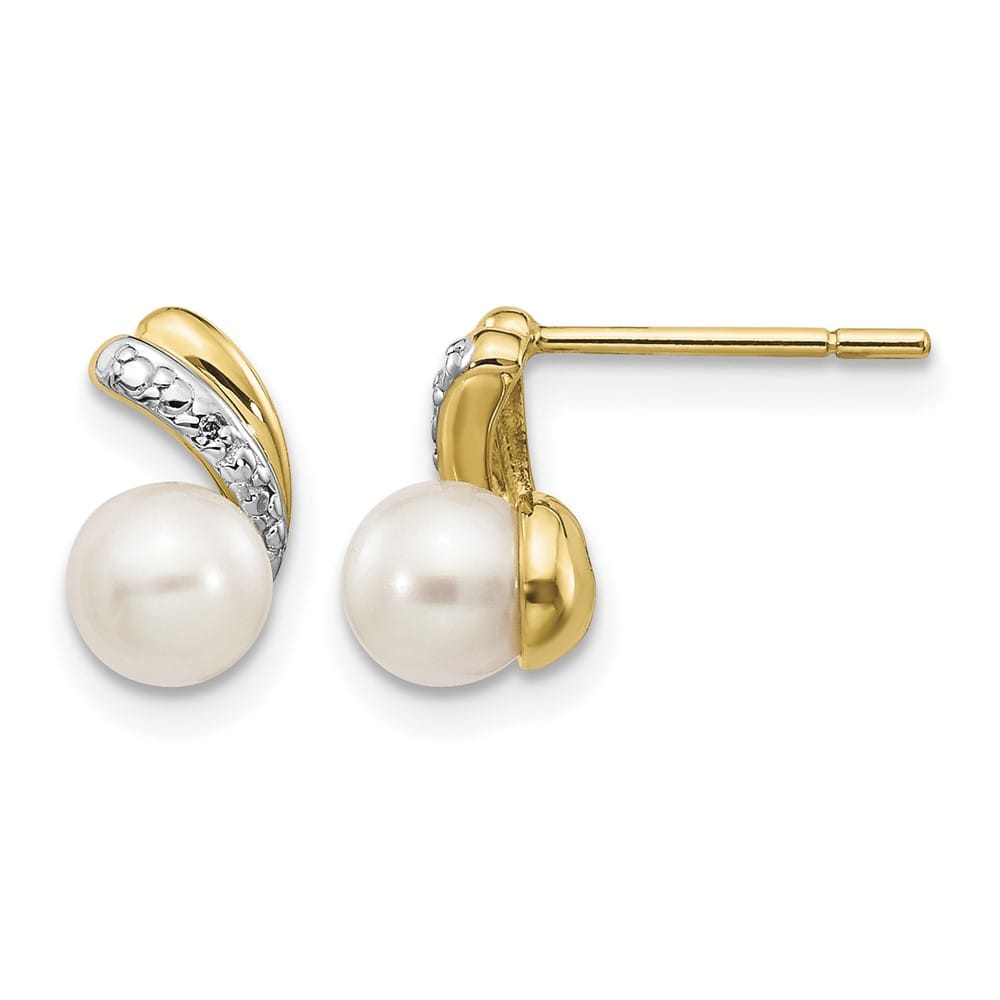 14K Yellow Gold 5-6mm White Round Freshwater Pearl and .01 Earrings
