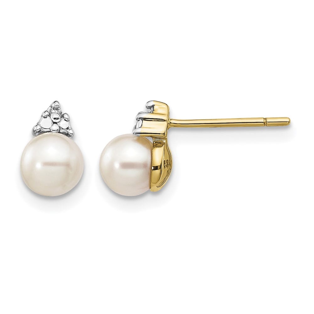 14K Yellow Gold 5-6mm White Round Freshwater Pearl and .01 Earrings