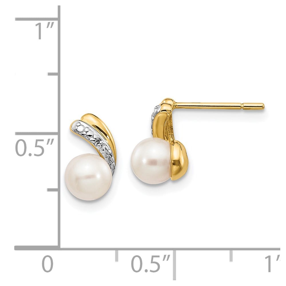 14K Yellow Gold 5-6mm White Round Freshwater Pearl and .01 Earrings