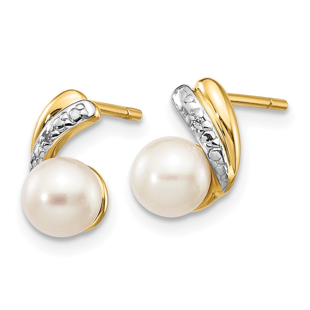 14K Yellow Gold 5-6mm White Round Freshwater Pearl and .01 Earrings