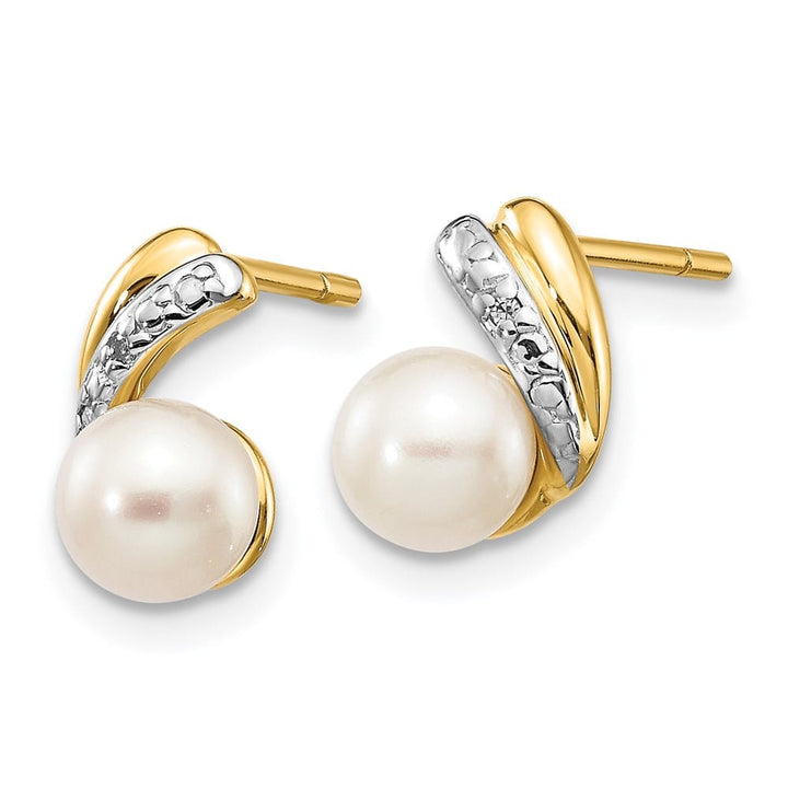 14K Yellow Gold 5-6mm White Round Freshwater Pearl and .01 Earrings