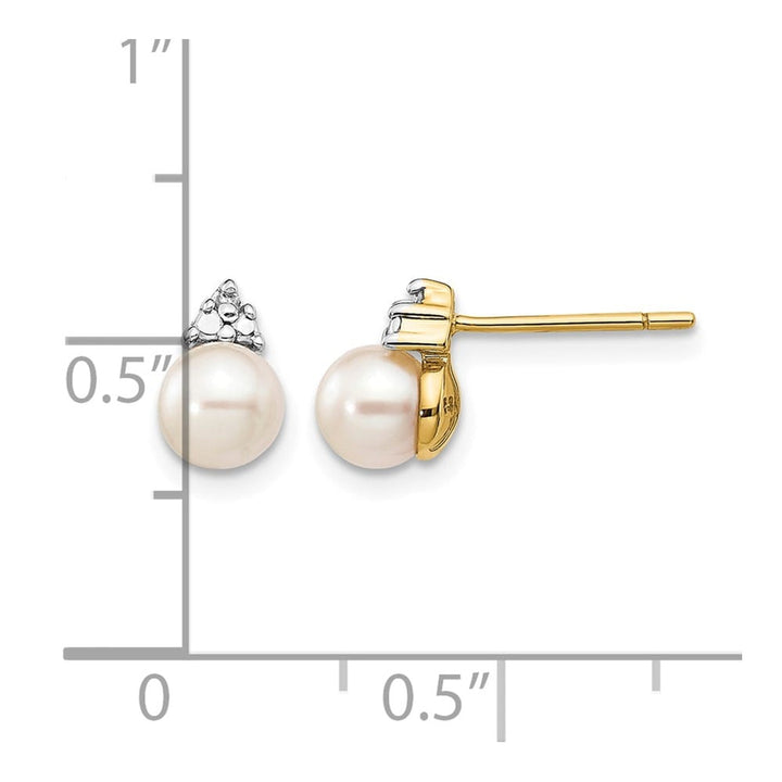 14K Yellow Gold 5-6mm White Round Freshwater Pearl and .01 Earrings