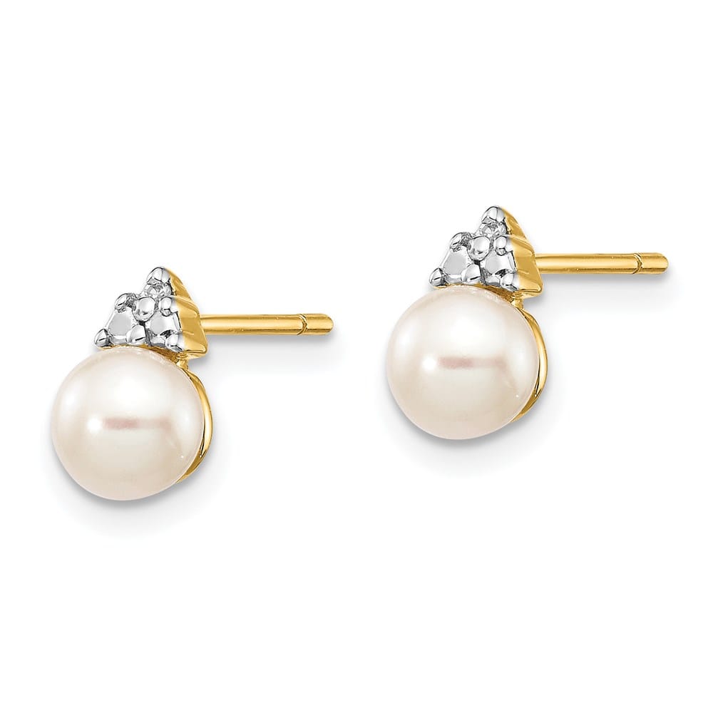 14K Yellow Gold 5-6mm White Round Freshwater Pearl and .01 Earrings