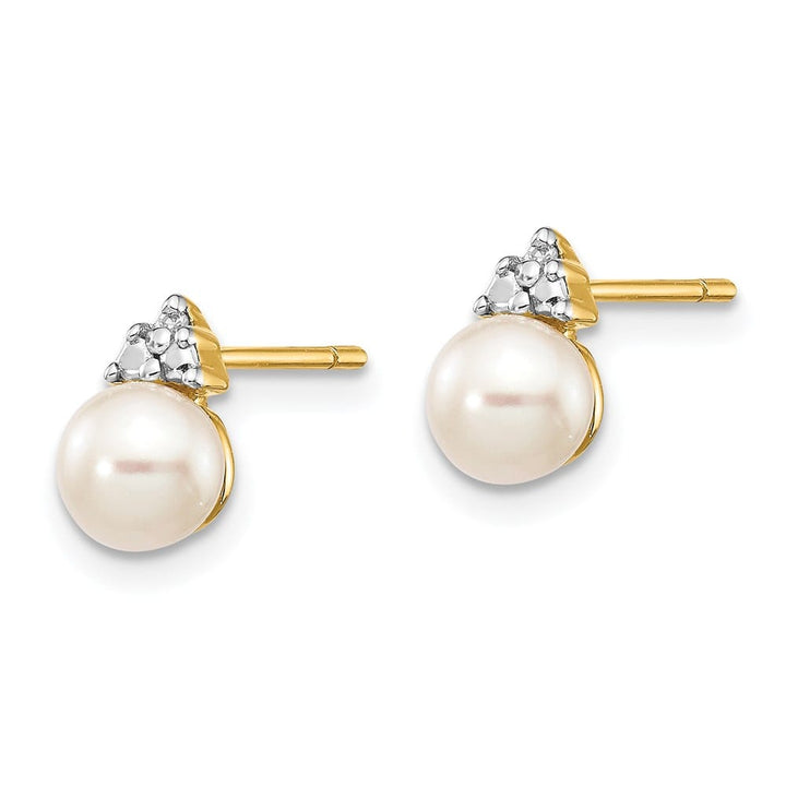 14K Yellow Gold 5-6mm White Round Freshwater Pearl and .01 Earrings