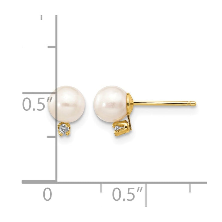 14K Yellow Gold 5-6mm White Round Freshwater Pearl and .02 Earrings