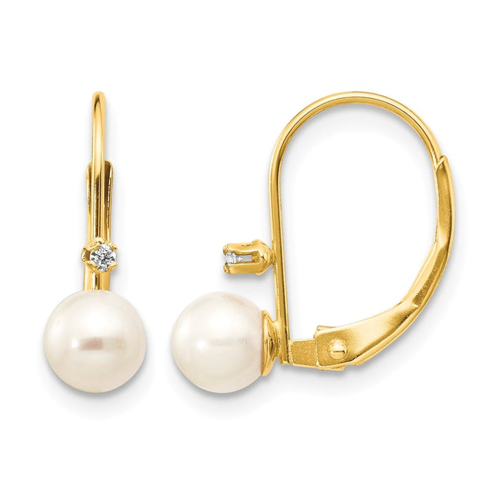14K Yellow Gold 5-6mm White Round Freshwater Pearl and .02 Earrings