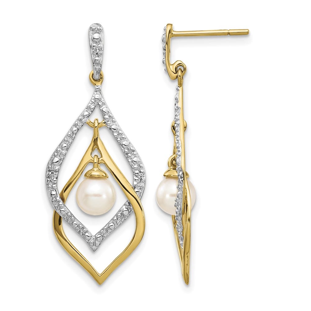 14K Yellow Gold 5-6mm White Round Freshwater Pearl and .02 Earrings