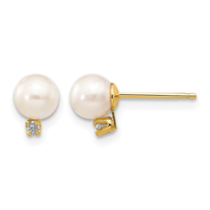 14K Yellow Gold 5-6mm White Round Freshwater Pearl and .02 Earrings