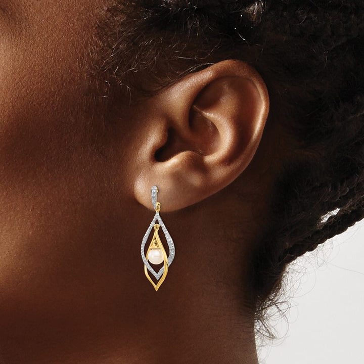 14K Yellow Gold 5-6mm White Round Freshwater Pearl and .02 Earrings