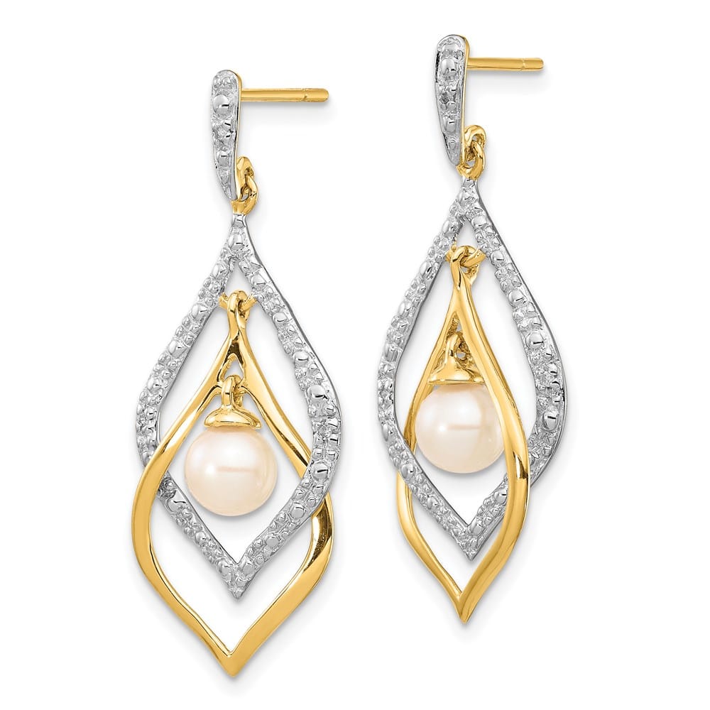 14K Yellow Gold 5-6mm White Round Freshwater Pearl and .02 Earrings
