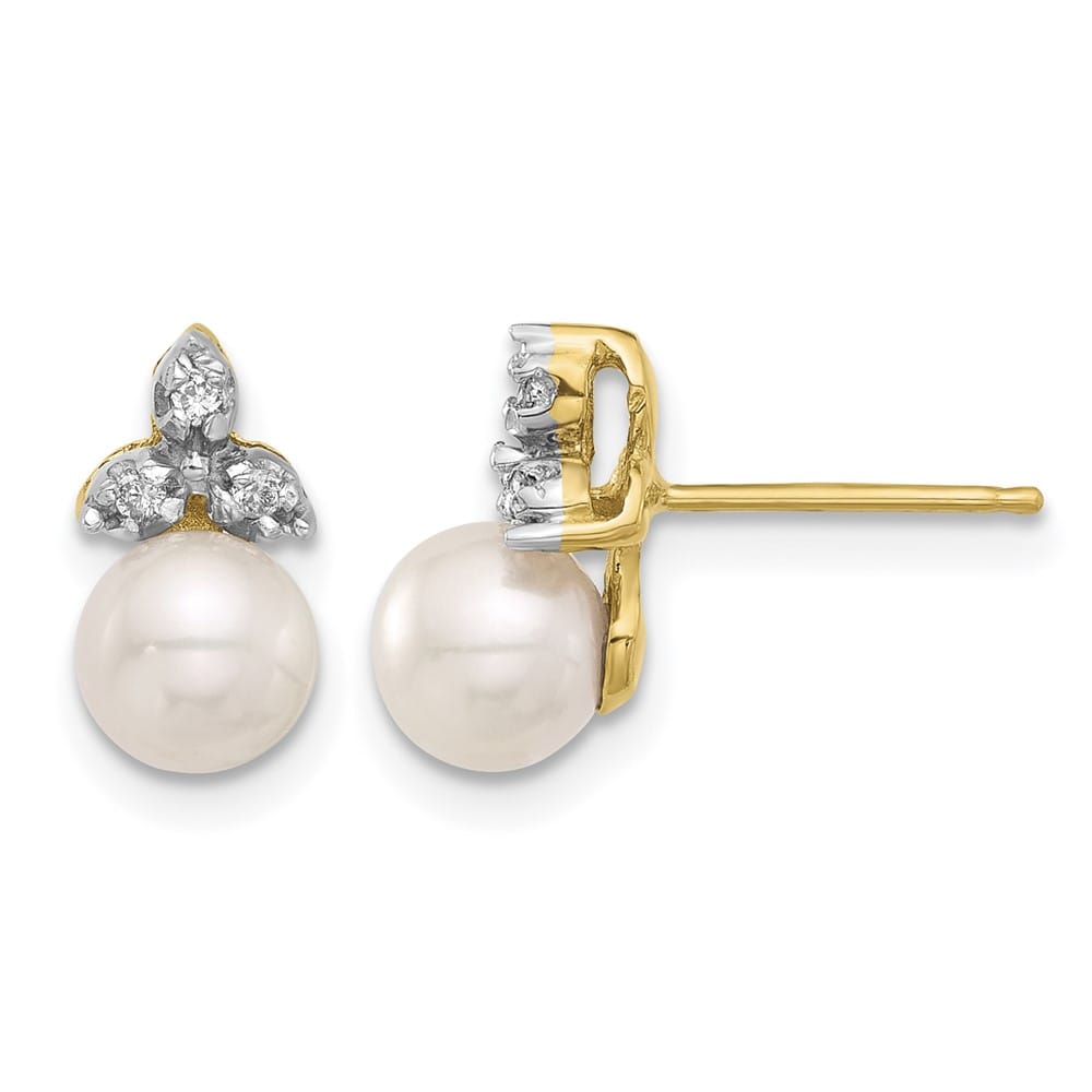 14K Yellow Gold 5-6mm White Round Freshwater Pearl and .06 Earrings