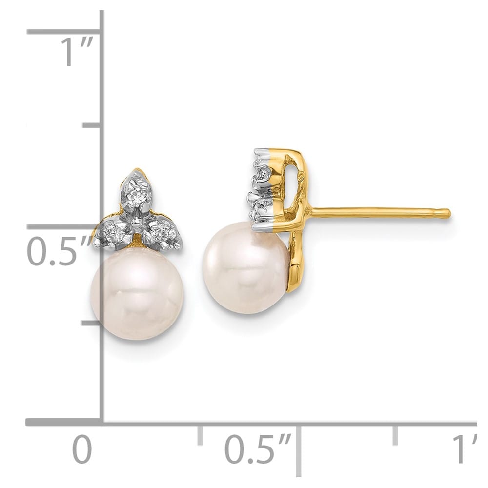 14K Yellow Gold 5-6mm White Round Freshwater Pearl and .06 Earrings