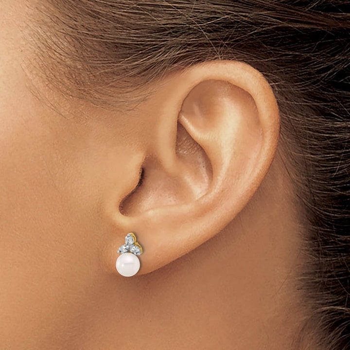 14K Yellow Gold 5-6mm White Round Freshwater Pearl and .06 Earrings
