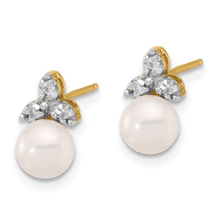 14K Yellow Gold 5-6mm White Round Freshwater Pearl and .06 Earrings