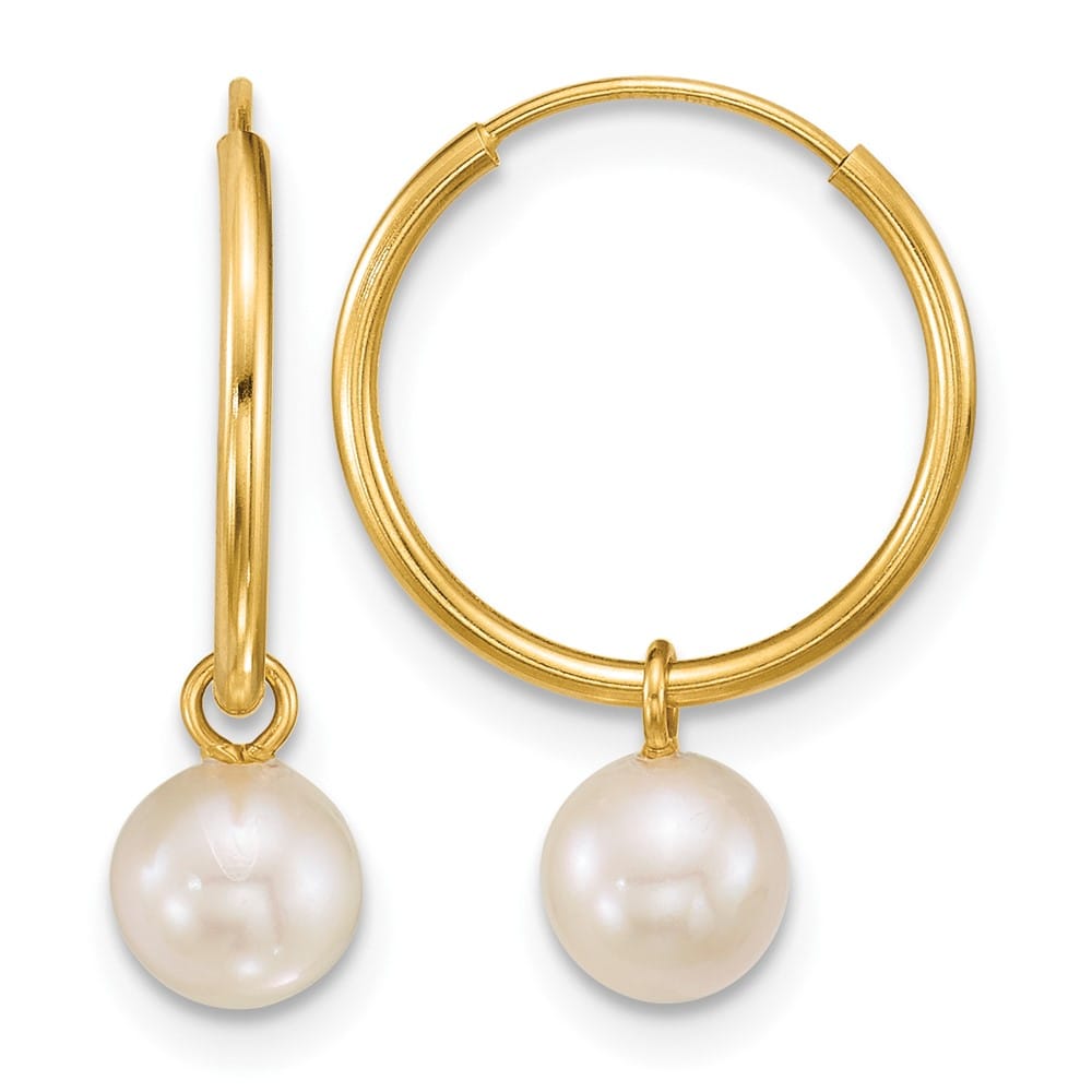 14K Yellow Gold 5-6mm White Round Freshwater Pearl Dangle Earrings