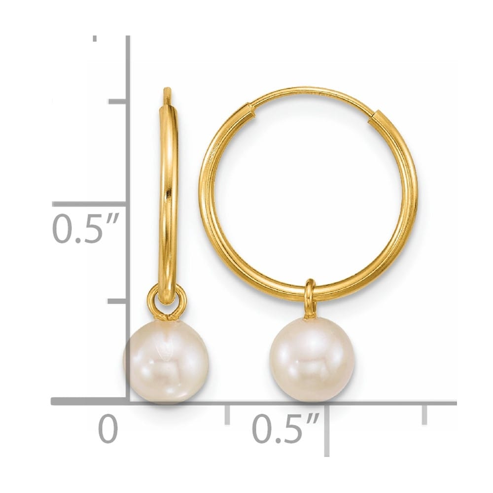 14K Yellow Gold 5-6mm White Round Freshwater Pearl Dangle Earrings