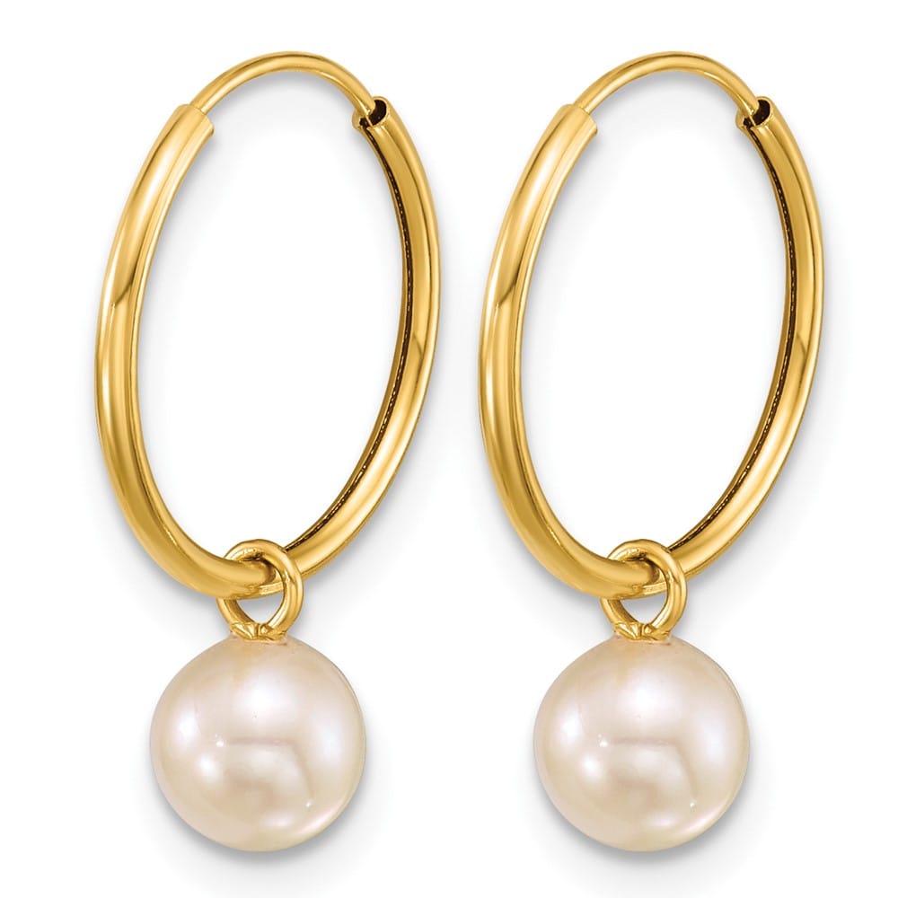 14K Yellow Gold 5-6mm White Round Freshwater Pearl Dangle Earrings