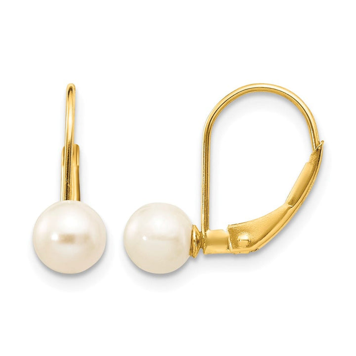14K Yellow Gold 5-6mm White Round Freshwater Pearl Leverback Earrings