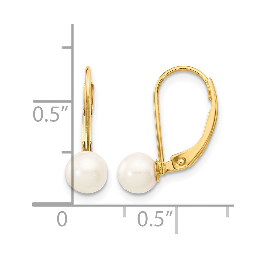 14K Yellow Gold 5-6mm White Round Saltwater Pearl Leverback Earrings, view 4 of 4