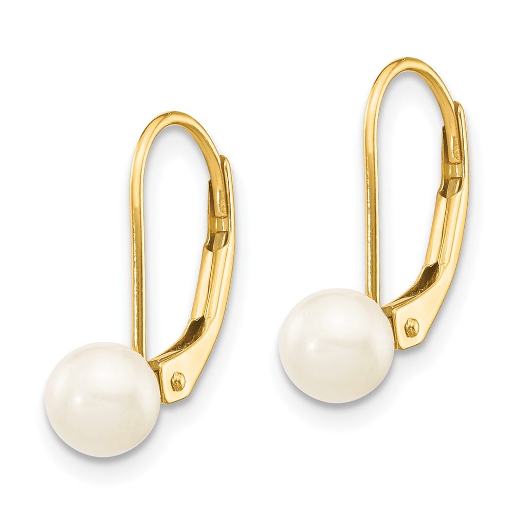 14K Yellow Gold 5-6mm White Round Saltwater Pearl Leverback Earrings, view 2 of 4