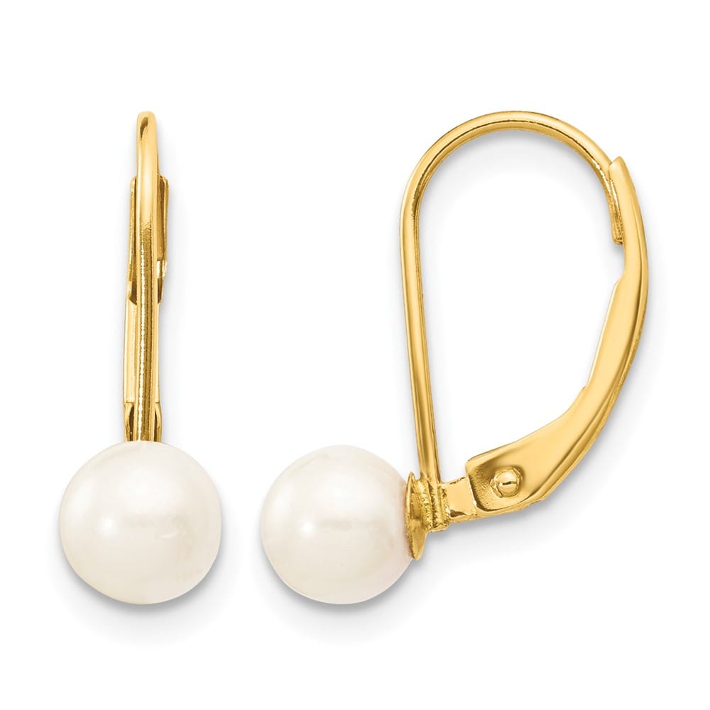 14K Yellow Gold 5-6mm White Round Saltwater Pearl Leverback Earrings, view 1 of 4