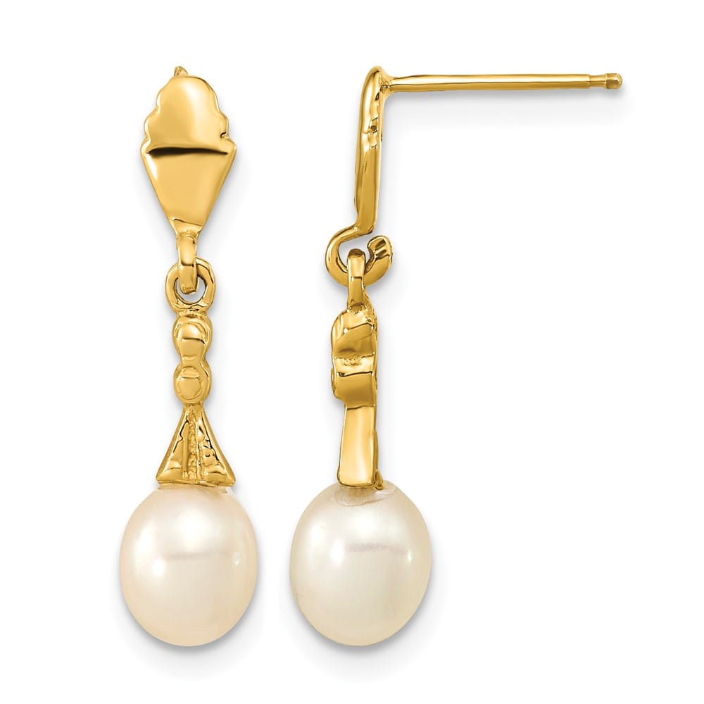 14K Yellow Gold 5-6mm White Teardrop Freshwater Pearl Post Earrings