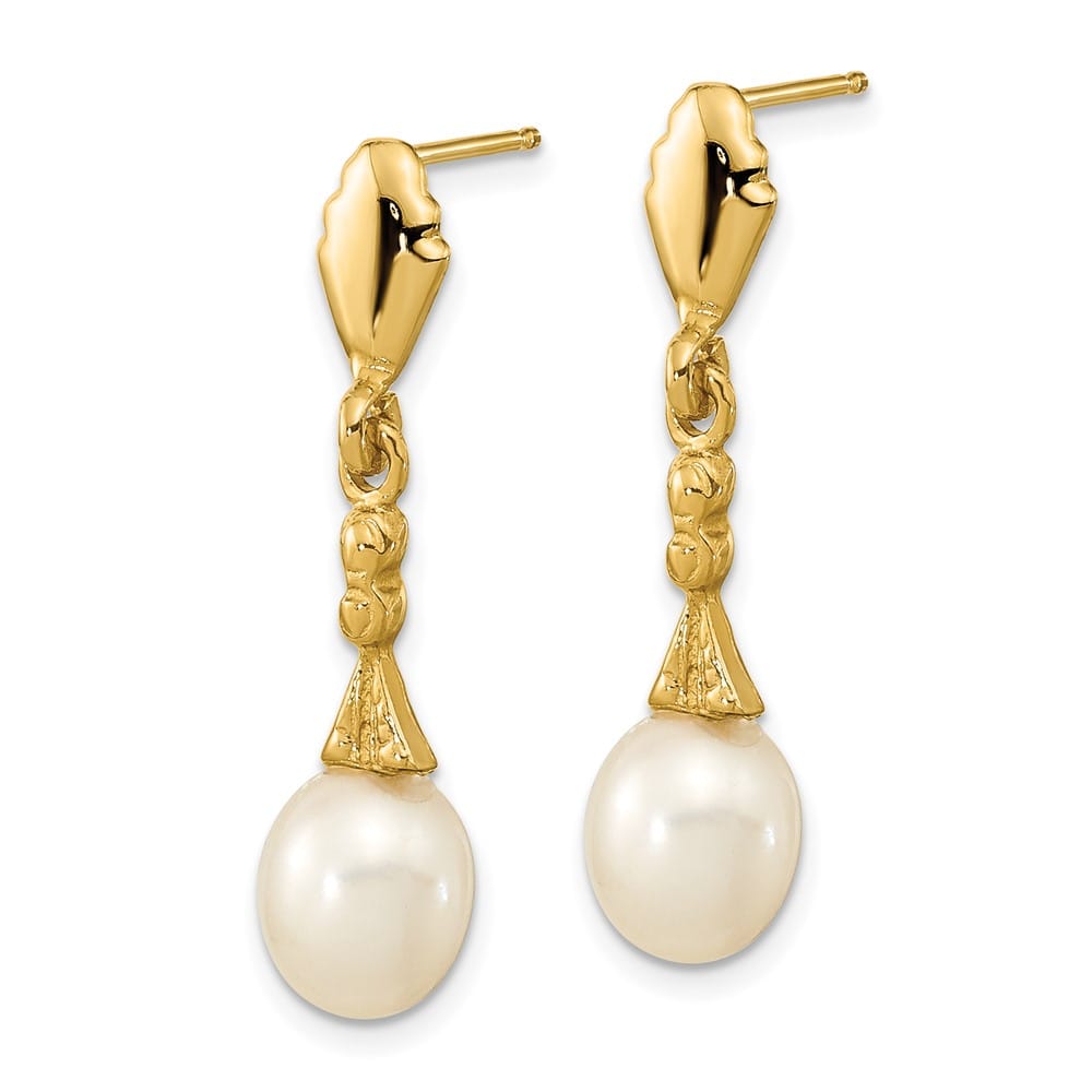 14K Yellow Gold 5-6mm White Teardrop Freshwater Pearl Post Earrings