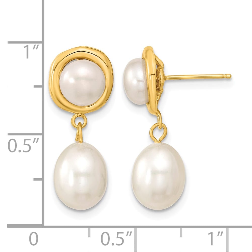 14K Yellow Gold 5-7mm White Button and Rice Freshwater Pearl Earrings