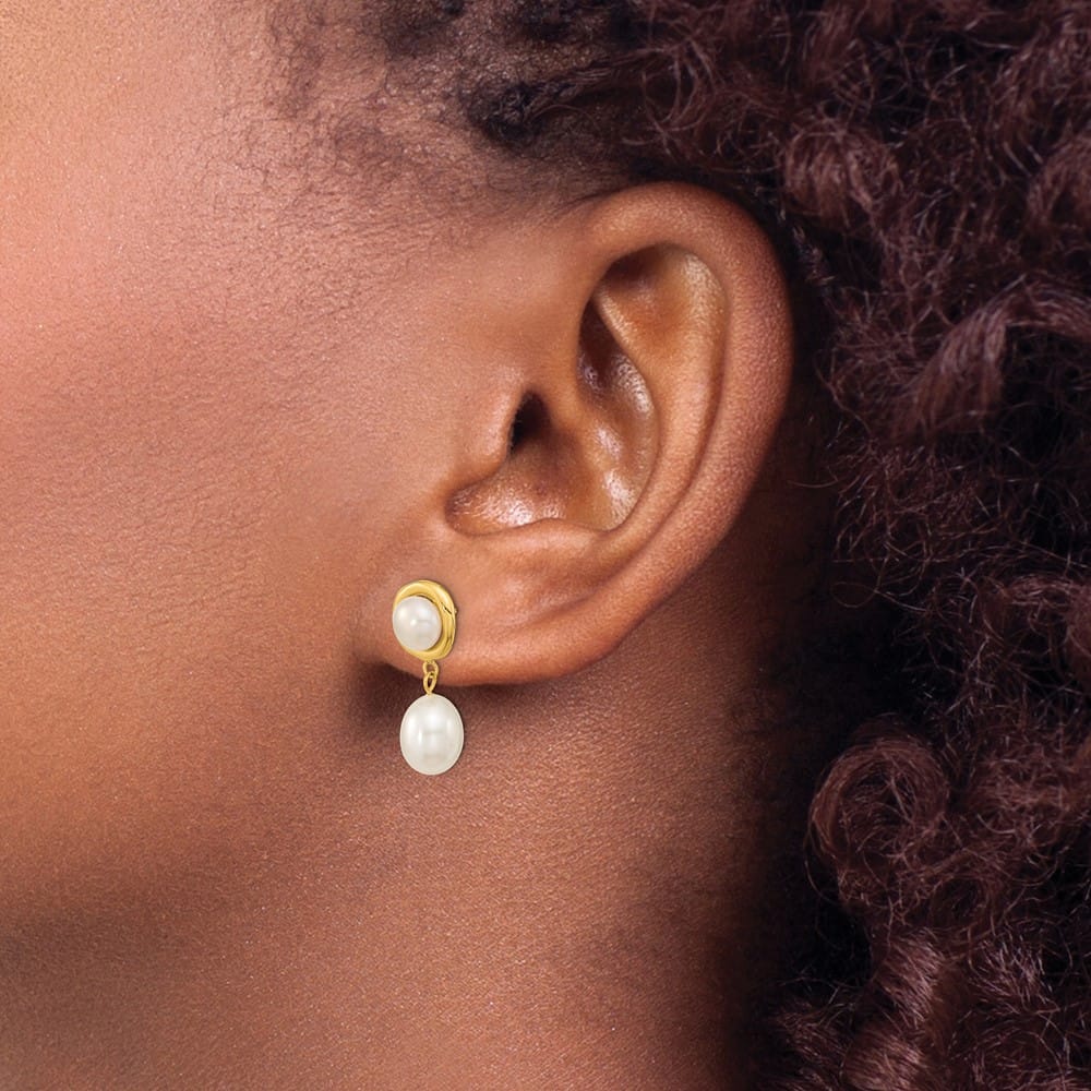14K Yellow Gold 5-7mm White Button and Rice Freshwater Pearl Earrings