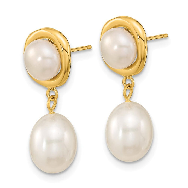 14K Yellow Gold 5-7mm White Button and Rice Freshwater Pearl Earrings