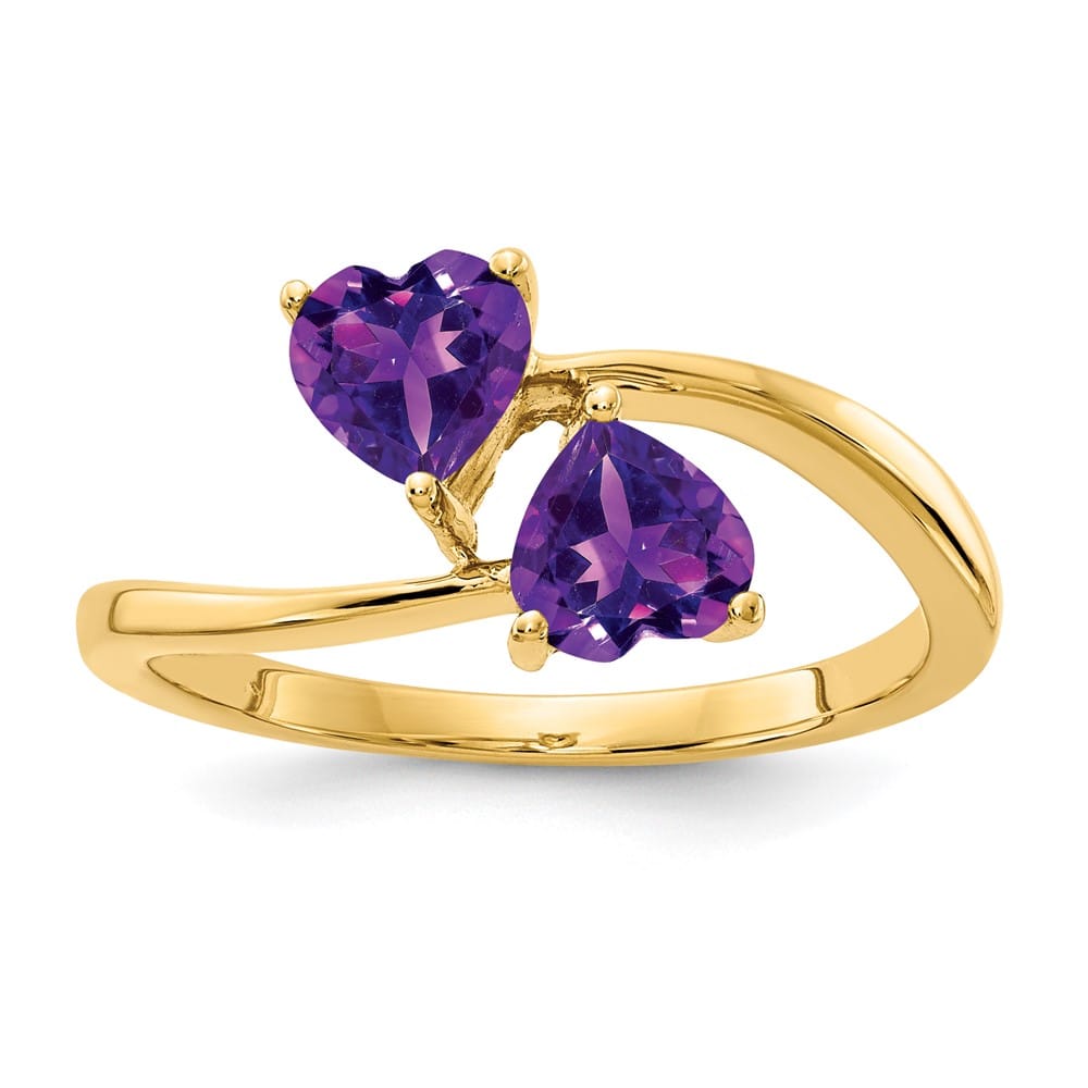 14k Yellow Gold 5 mm Heart Amethyst 2-Stone Ring