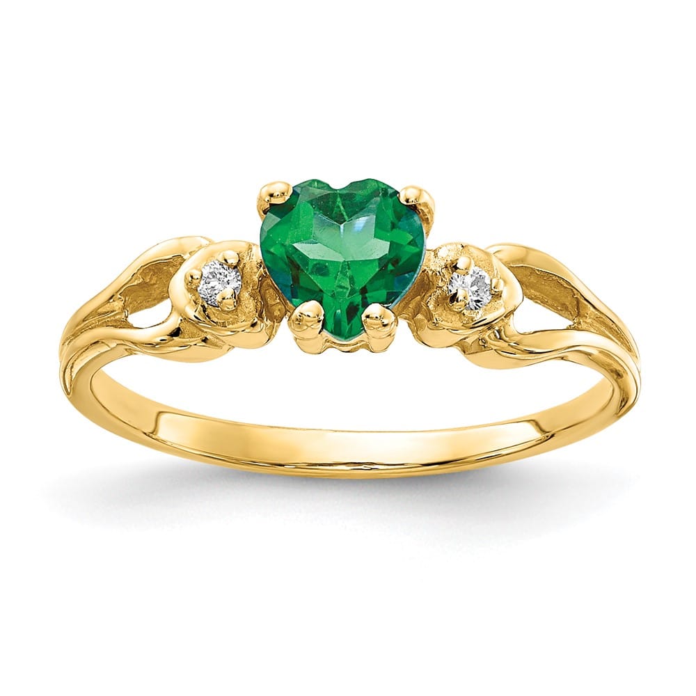 14k Yellow Gold 5 mm Heart Emerald and Diamond Ring