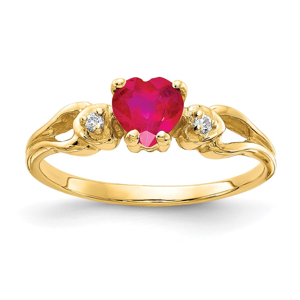 14k Yellow Gold 5 mm Heart Ruby and Diamond Ring