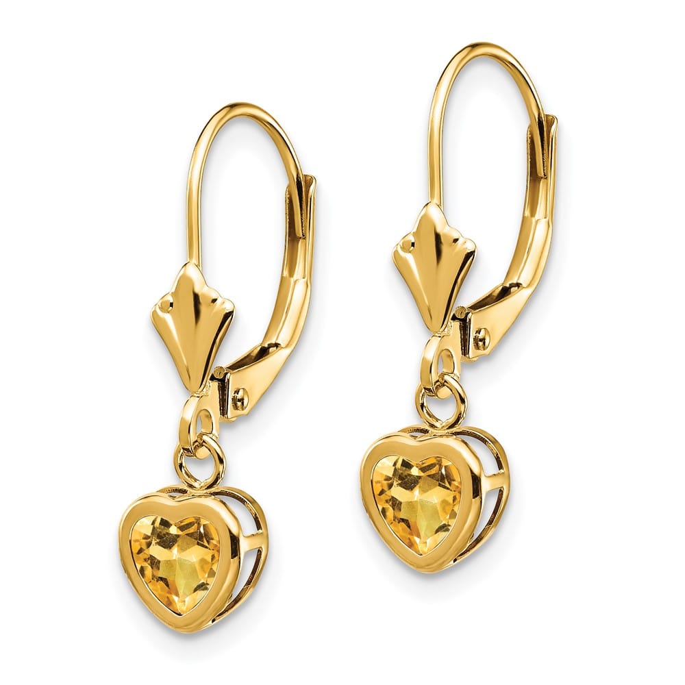 14K Yellow Gold 5mm Heart Bezel Leverback Dangle Earrings, view 10 of 16