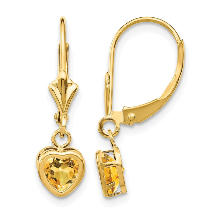 14K Yellow Gold 5mm Heart Bezel Leverback Dangle Earrings, view 9 of 16